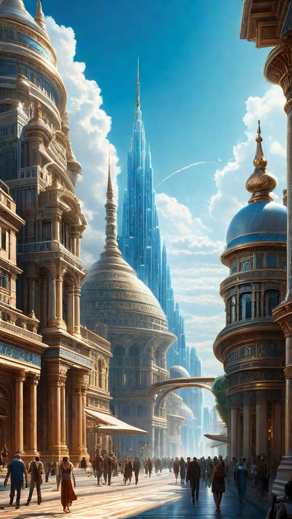  (A grand, majestic city with towering, ornate structures that seem to defy gravity, powered by glowing, ethereal energy fields. The buildings are a mix of classical and futuristic architectural styles, with intricate details and patterns etched into their surfaces. In the background, a clear, azure sky with wispy clouds, suggesting a serene and advanced civilization. The overall scene conveys a sense of lost technological wonder and a forgotten, suppressed history.) hyperrealistic, full body, detailed clothing, highly detailed, cinematic lighting, stunningly beautiful, intricate, sharp focus, f/1. 8, 85mm, (centered image composition), (professionally color graded), ((bright soft diffused light)), volumetric fog, trending on instagram, trending on tumblr, HDR 4K, 8K