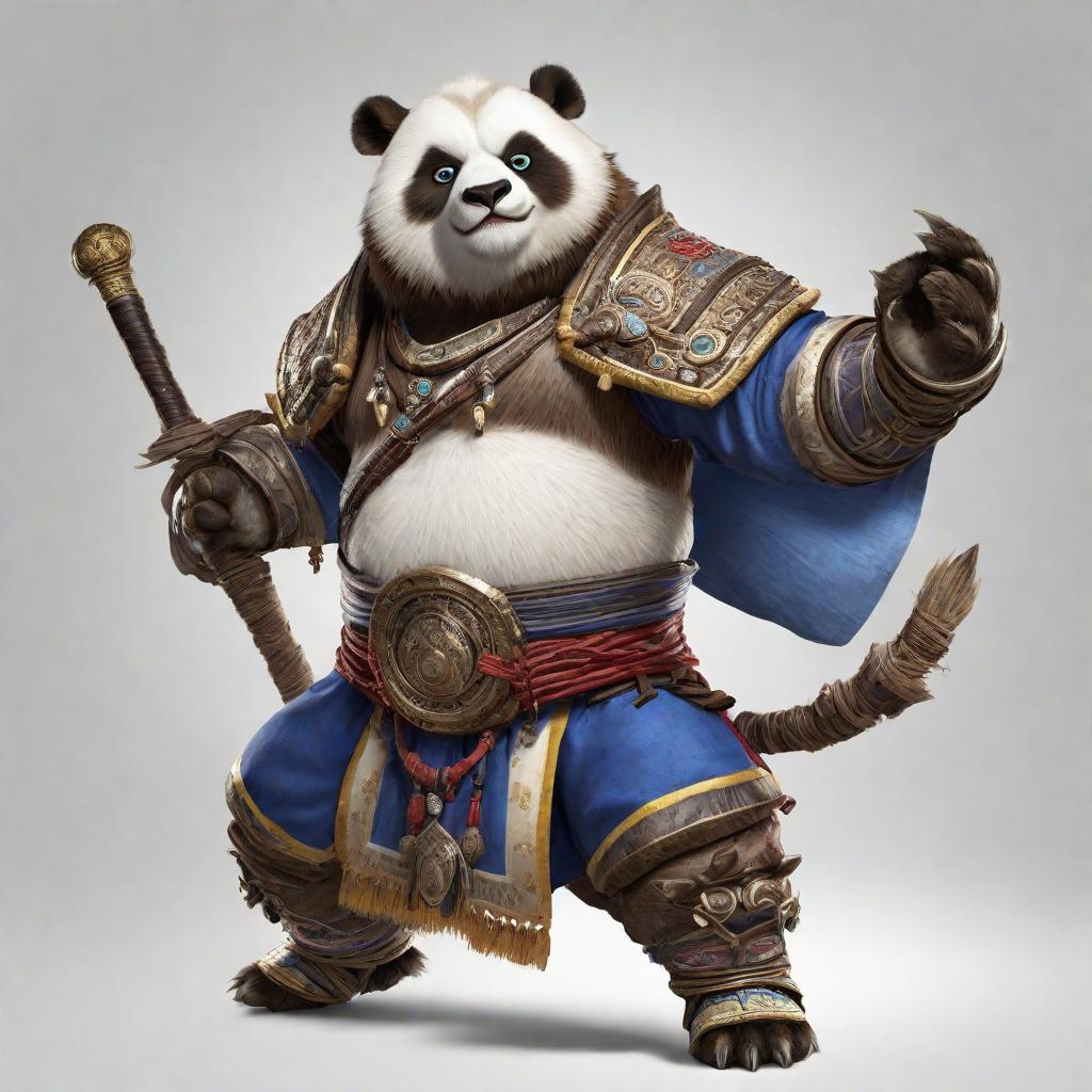  pandaren from the wow game in a full-length fighting pose on a white background, cute, hyper detail, full HD hyperrealistic, full body, detailed clothing, highly detailed, cinematic lighting, stunningly beautiful, intricate, sharp focus, f/1. 8, 85mm, (centered image composition), (professionally color graded), ((bright soft diffused light)), volumetric fog, trending on instagram, trending on tumblr, HDR 4K, 8K