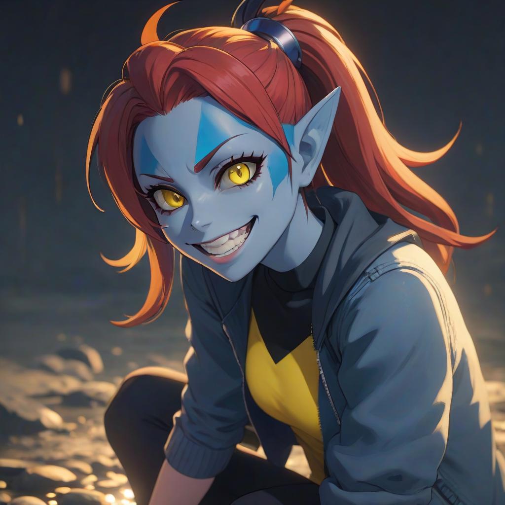  Undertale, (Character Undertale, Undyne), monster girl, red hair, ponytail, (colored sclera, yellow sclera), Eyepatch, (colored skin, blue skin), Sharp Teeth, head fins, smirk, grin, upper and lower body, black short undershirt, blue jeans hyperrealistic, full body, detailed clothing, highly detailed, cinematic lighting, stunningly beautiful, intricate, sharp focus, f/1. 8, 85mm, (centered image composition), (professionally color graded), ((bright soft diffused light)), volumetric fog, trending on instagram, trending on tumblr, HDR 4K, 8K