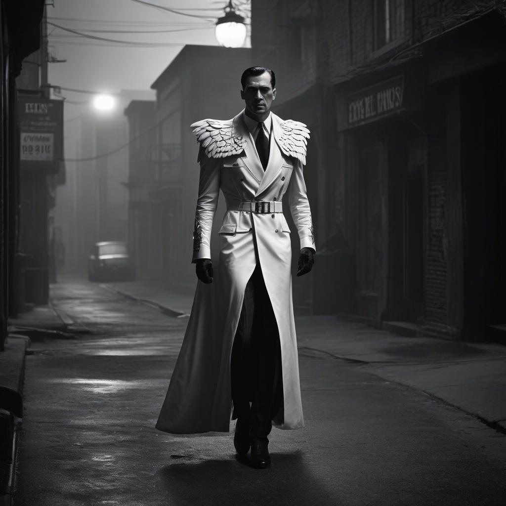  film noir style cyberpunk, angel of death walks the world in search of his next victim, surrealism. . monochrome, high contrast, dramatic shadows, 1940s style, mysterious, cinematic hyperrealistic, full body, detailed clothing, highly detailed, cinematic lighting, stunningly beautiful, intricate, sharp focus, f/1. 8, 85mm, (centered image composition), (professionally color graded), ((bright soft diffused light)), volumetric fog, trending on instagram, trending on tumblr, HDR 4K, 8K