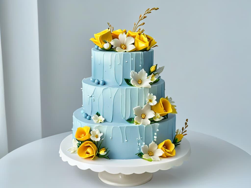  A photorealistic image of a stunning tiered cake adorned with intricate sugar flowers, delicate piping details, and shimmering gold accents. The cake is displayed on a pristine white pedestal stand against a soft, blurred background that highlights the craftsmanship and artistry of the decoration. The vibrant colors of the flowers pop against the elegant white icing, showcasing the latest global trends in cake decorating techniques. hyperrealistic, full body, detailed clothing, highly detailed, cinematic lighting, stunningly beautiful, intricate, sharp focus, f/1. 8, 85mm, (centered image composition), (professionally color graded), ((bright soft diffused light)), volumetric fog, trending on instagram, trending on tumblr, HDR 4K, 8K