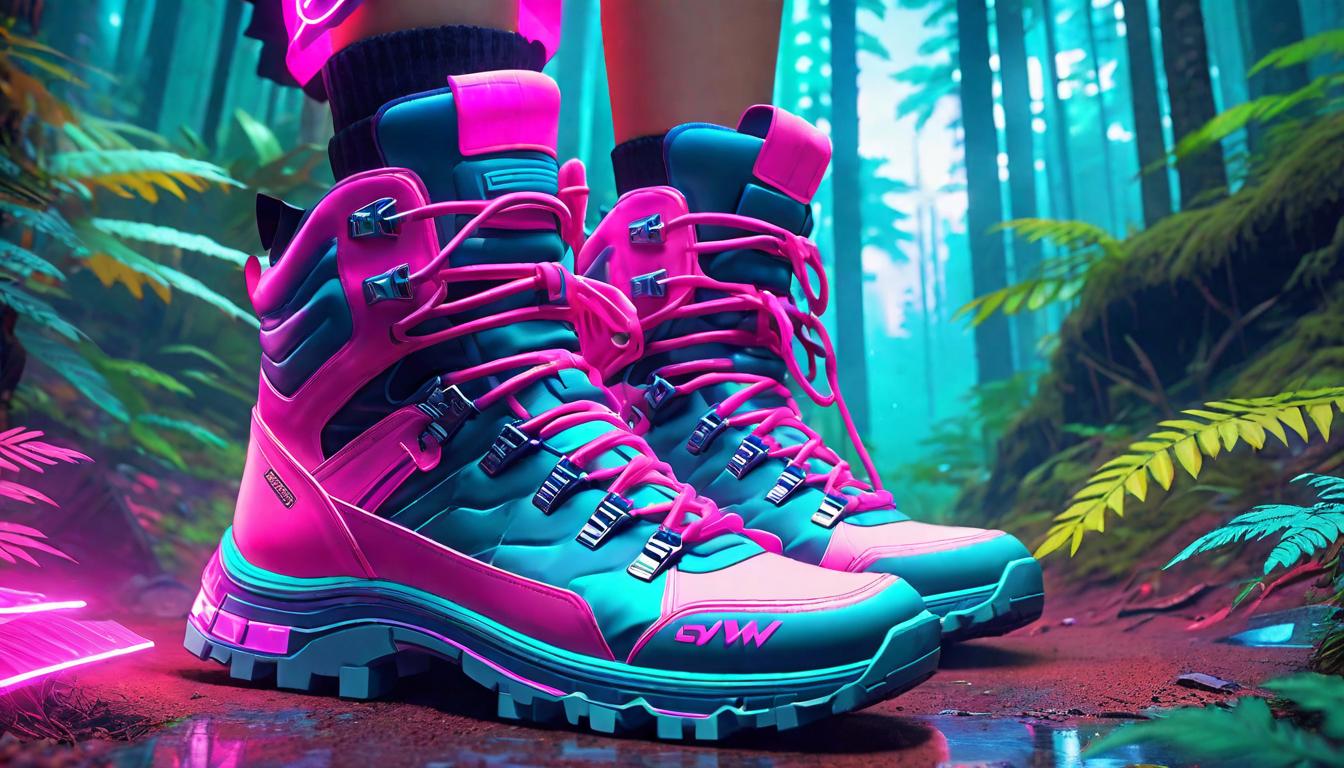  vaporwave,cyberpunk game style A pair of hiking boots at the start of a forest trail, embodying stress relief through connection with nature, adventurous, groundingeon, dystopian, futuristic, digital, vibrant, detailed, high contrast, reminiscent of cyberpunk genre video games,retro aesthetic, cyberpunk, vibrant, neon colors, vintage 80s and 90s style, highly detailed