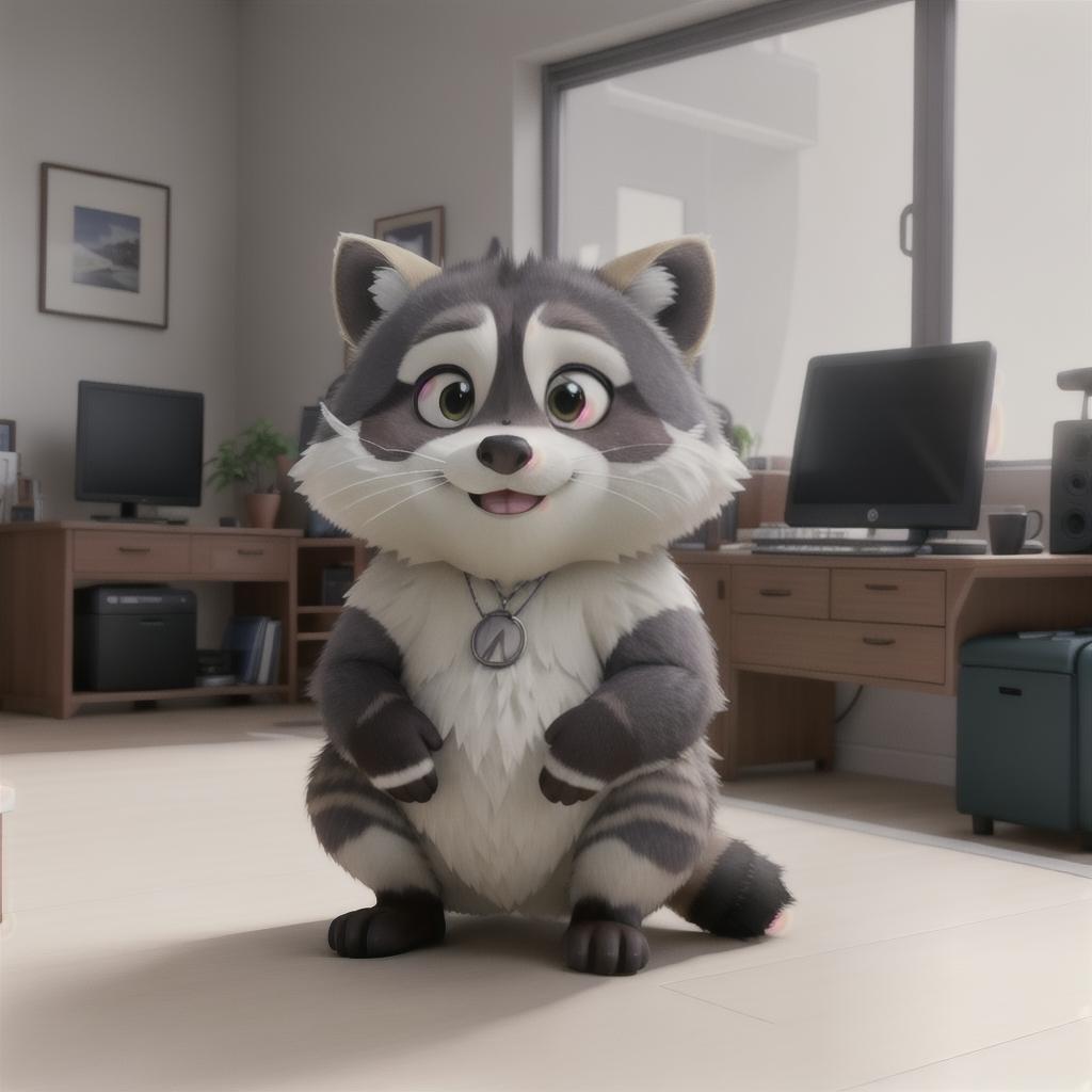  raccoon sitting in gaming chair front a computer on desktop, ((semi anthropomorphic)),(full body), tail, belly, sitting, fat, (chubby), (((white background))), solo, desktop, gaming chair, side view,  [[[clothes]]] hyperrealistic, full body, detailed clothing, highly detailed, cinematic lighting, stunningly beautiful, intricate, sharp focus, f/1. 8, 85mm, (centered image composition), (professionally color graded), ((bright soft diffused light)), volumetric fog, trending on instagram, trending on tumblr, HDR 4K, 8K