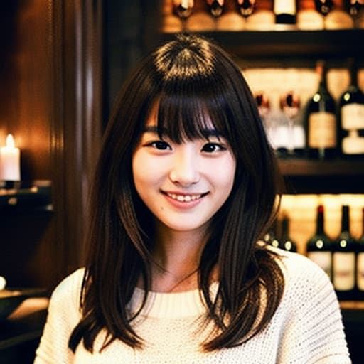  a realistic photo of a young Japanese woman, aged 25, with long dark brown hair with bangs and black eyes, 160cm tall, smiling, wearing white knitwear, at a dark and atmospheric luxurious French restaurant, dinner dishes, wine glass