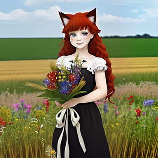  kitty Neko stands and holds a bouquet of wildflowers in her hands. the hair is red and white. The fluffy ears and tail are black. big green eyes. A sweet smile. There is a wheat field in the backgroun