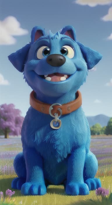  {A happy, big blue dog wagging its tail in a colorful meadow, The big blue dog is large with sky blue fur, big round eyes, a black nose, and floppy ears.