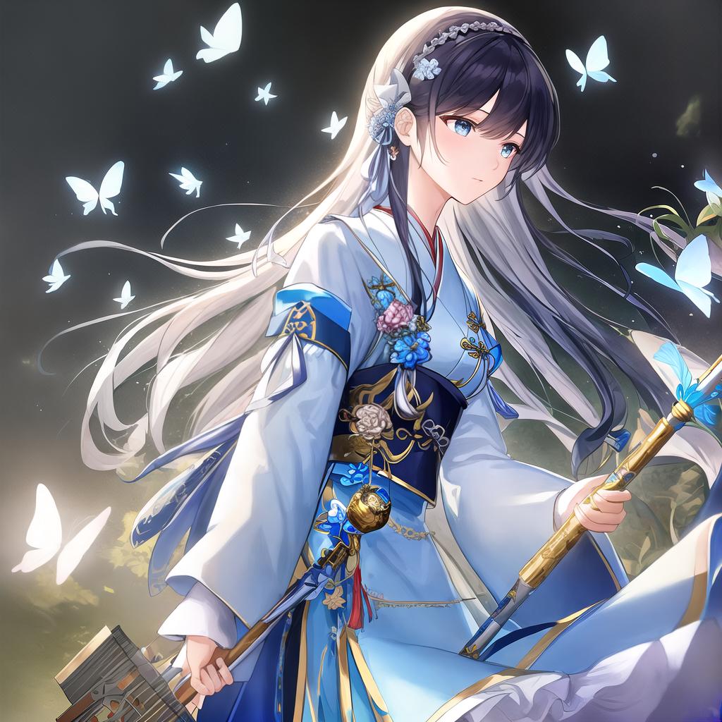  masterpiece, best quality, (fidelity:1.4), best quality, masterpiece, super high resolution, poster, fantasy art, very detailed face, 8k resolution, chinese style, a woman, side profile, quiet, light blue hanfu, tulle coat, long black hair, light blue tassels hair accessory, hair clip, white ribbon, white flower bush, light blue butterfly fly, movie lighting effect