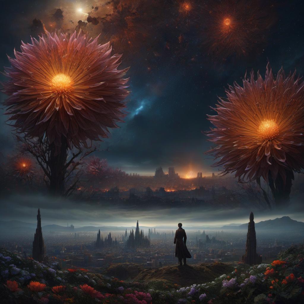  (stylized by Tomasz Alen Kopera:1.3) , dark art, dense flower field and Perseid meteor in background, landscape of a (Barcelona:1.2) , very Bizarre and 1600'S, Hurricane, Glitchcore, Amaro, layered textures, ornate, intricate artistic color, complimentary colors, very inspirational, atmosphere, fine artistic composition, sunny, theatrical hyperrealistic, full body, detailed clothing, highly detailed, cinematic lighting, stunningly beautiful, intricate, sharp focus, f/1. 8, 85mm, (centered image composition), (professionally color graded), ((bright soft diffused light)), volumetric fog, trending on instagram, trending on tumblr, HDR 4K, 8K