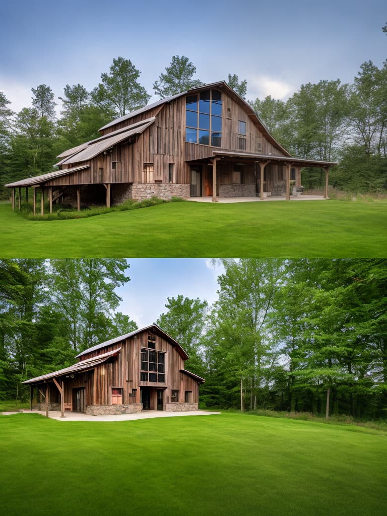 dvarchmodern a single rustic barn in a field by mountain bike trails in bentonville arkansas hyperrealistic, full body, detailed clothing, highly detailed, cinematic lighting, stunningly beautiful, intricate, sharp focus, f/1. 8, 85mm, (centered image composition), (professionally color graded), ((bright soft diffused light)), volumetric fog, trending on instagram, trending on tumblr, HDR 4K, 8K