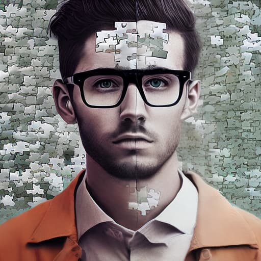 dublex style man wearing glasses, drawing motion holding pencil on the paper, half colored drawing on the paper, thinking on nature inside, looks like puzzle pieces