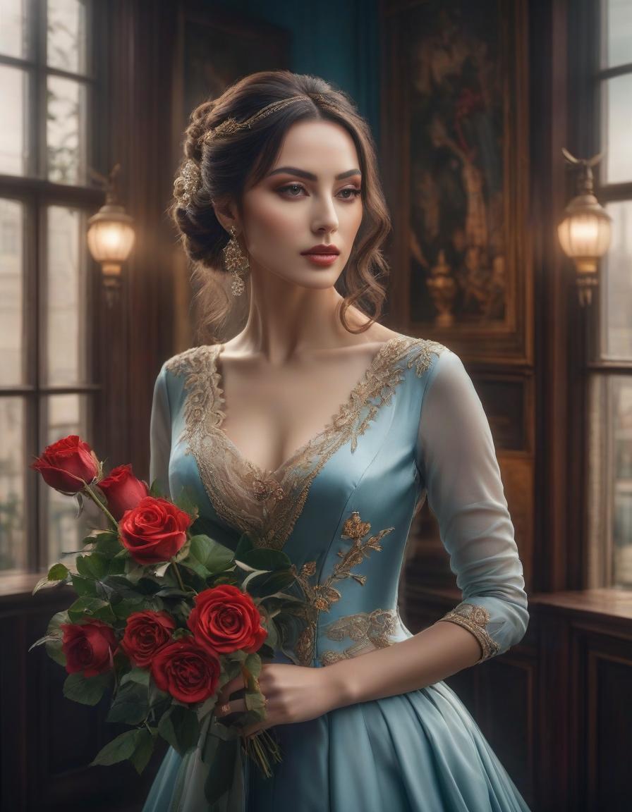  Portrait of a young woman, windows in the interior, against the background, a beautiful bird with a long tail sits on the woman’s shoulder, the woman holds a rose in her hand, portrait in the style of Christian Schloe, clear detailing hyperrealistic, full body, detailed clothing, highly detailed, cinematic lighting, stunningly beautiful, intricate, sharp focus, f/1. 8, 85mm, (centered image composition), (professionally color graded), ((bright soft diffused light)), volumetric fog, trending on instagram, trending on tumblr, HDR 4K, 8K