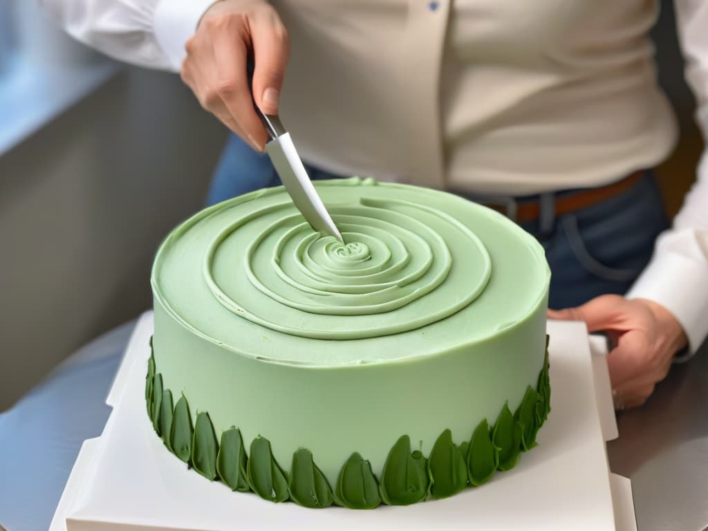  A closeup, ultradetailed image of a visually impaired baker skillfully piping intricate designs on a cake using adaptive utensils, with focus on their hands effortlessly creating beautiful patterns. The scene is captured in a minimalist style, emphasizing the precision and creativity displayed despite the challenges, highlighting the theme of adaptability and innovative solutions in baking for individuals with visual disabilities. hyperrealistic, full body, detailed clothing, highly detailed, cinematic lighting, stunningly beautiful, intricate, sharp focus, f/1. 8, 85mm, (centered image composition), (professionally color graded), ((bright soft diffused light)), volumetric fog, trending on instagram, trending on tumblr, HDR 4K, 8K