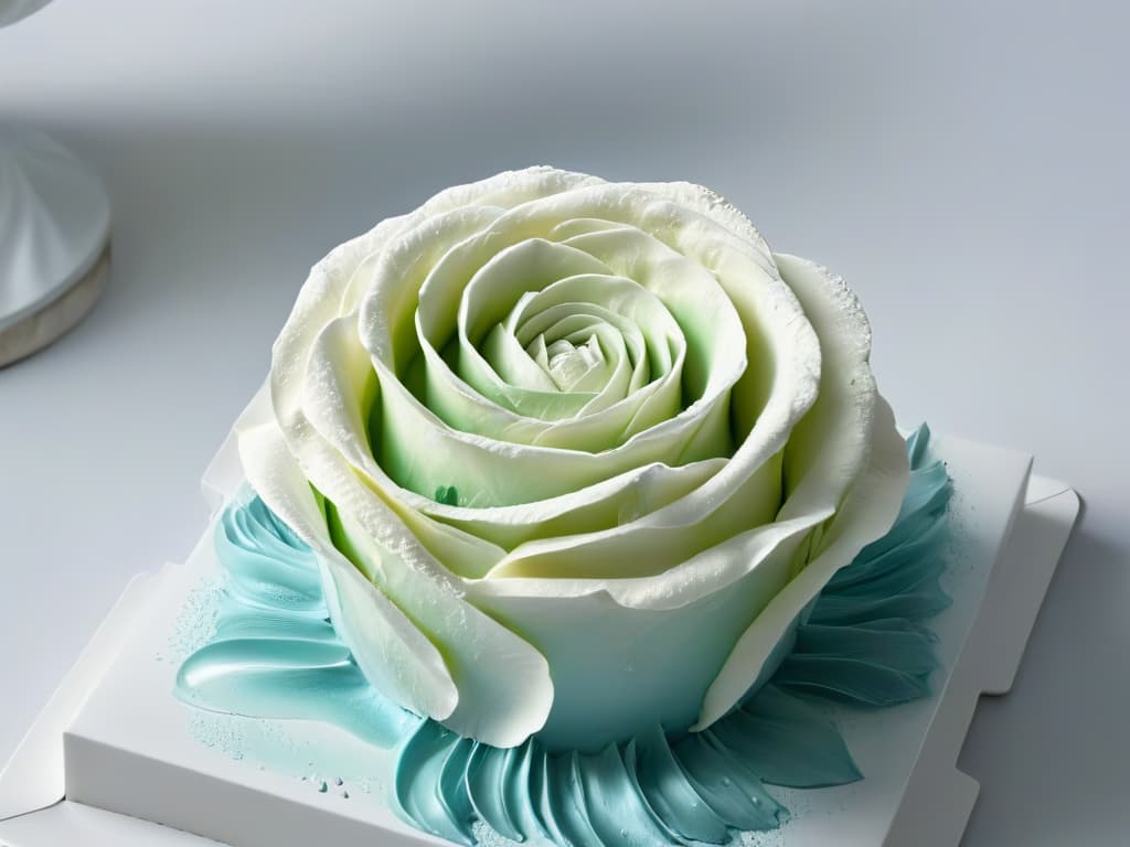  An ultradetailed image of a delicate sugar sculpture resembling a blooming rose, intricately crafted using molecular gastronomy techniques. The sculpture is set against a stark white background, highlighting its intricate details and delicate beauty. Each petal glistens with a subtle shimmer, showcasing the precision and artistry involved in modern pastry techniques. The play of light and shadow accentuates the intricate layers of the sugar rose, creating a mesmerizing visual that embodies the fusion of art and science in molecular gastronomy. hyperrealistic, full body, detailed clothing, highly detailed, cinematic lighting, stunningly beautiful, intricate, sharp focus, f/1. 8, 85mm, (centered image composition), (professionally color graded), ((bright soft diffused light)), volumetric fog, trending on instagram, trending on tumblr, HDR 4K, 8K