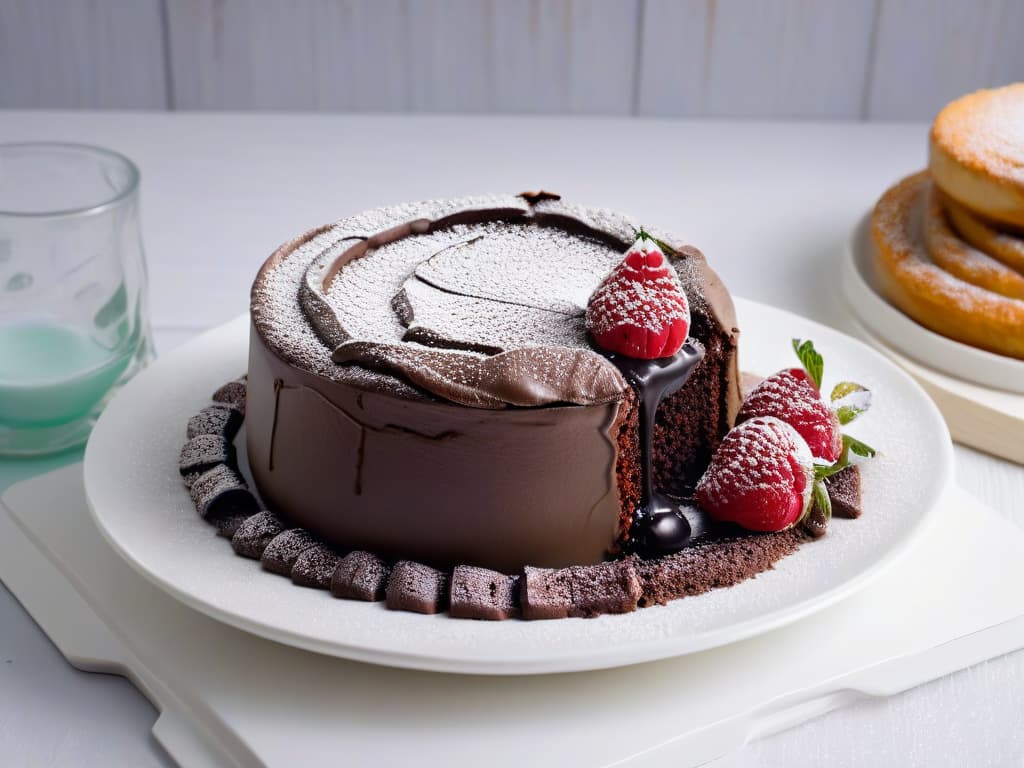  A closeup, photorealistic image of a decadent chocolate lava cake being sliced open, with rich molten chocolate oozing out onto a pristine white plate. The cake is perfectly moist, and you can see the steam rising from the warm, gooey center. The plate is garnished with a dusting of powdered sugar, a few fresh raspberries, and a delicate mint leaf for a pop of color. The image captures the indulgent and luxurious nature of creating unforgettable desserts through online courses, appealing to the senses and evoking a sense of culinary mastery. hyperrealistic, full body, detailed clothing, highly detailed, cinematic lighting, stunningly beautiful, intricate, sharp focus, f/1. 8, 85mm, (centered image composition), (professionally color graded), ((bright soft diffused light)), volumetric fog, trending on instagram, trending on tumblr, HDR 4K, 8K