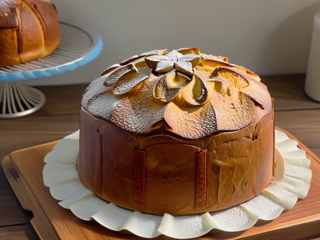  A closeup, ultradetailed image of a perfectly risen and goldenbrown panettone resting on a rustic wooden surface. The texture of the panettone's crust glistens with sugar crystals, and a dusting of powdered sugar delicately covers the top. The intricate patterns formed during the proofing process are visible, showcasing the expertise and care put into crafting this premium bread. hyperrealistic, full body, detailed clothing, highly detailed, cinematic lighting, stunningly beautiful, intricate, sharp focus, f/1. 8, 85mm, (centered image composition), (professionally color graded), ((bright soft diffused light)), volumetric fog, trending on instagram, trending on tumblr, HDR 4K, 8K