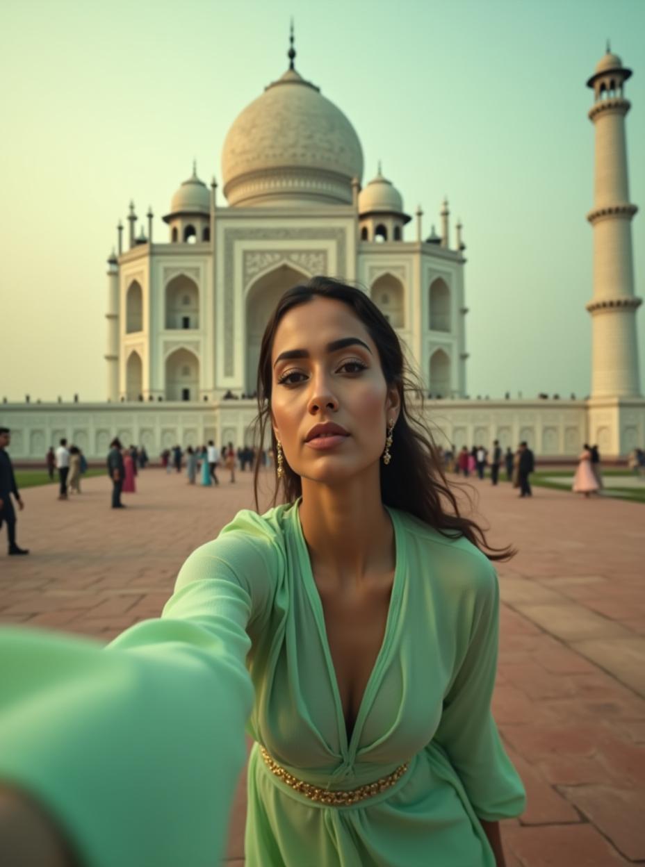  good quality, high quality, fashion photography. a low angle close up shot. an indian woman wearing a light green kameez is lowered and looking towards the camera, creating a dynamic and immersive perspective. taj mahal with dusky atmosphere in the background. the focus is on the woman, with a slight blur on the background to enhance depth. the lighting is natural, casting soft shadows and enhancing the serene, airy mood. a ground level view emphasizes her movement and expression, conveying a sense of freedom and elegance.