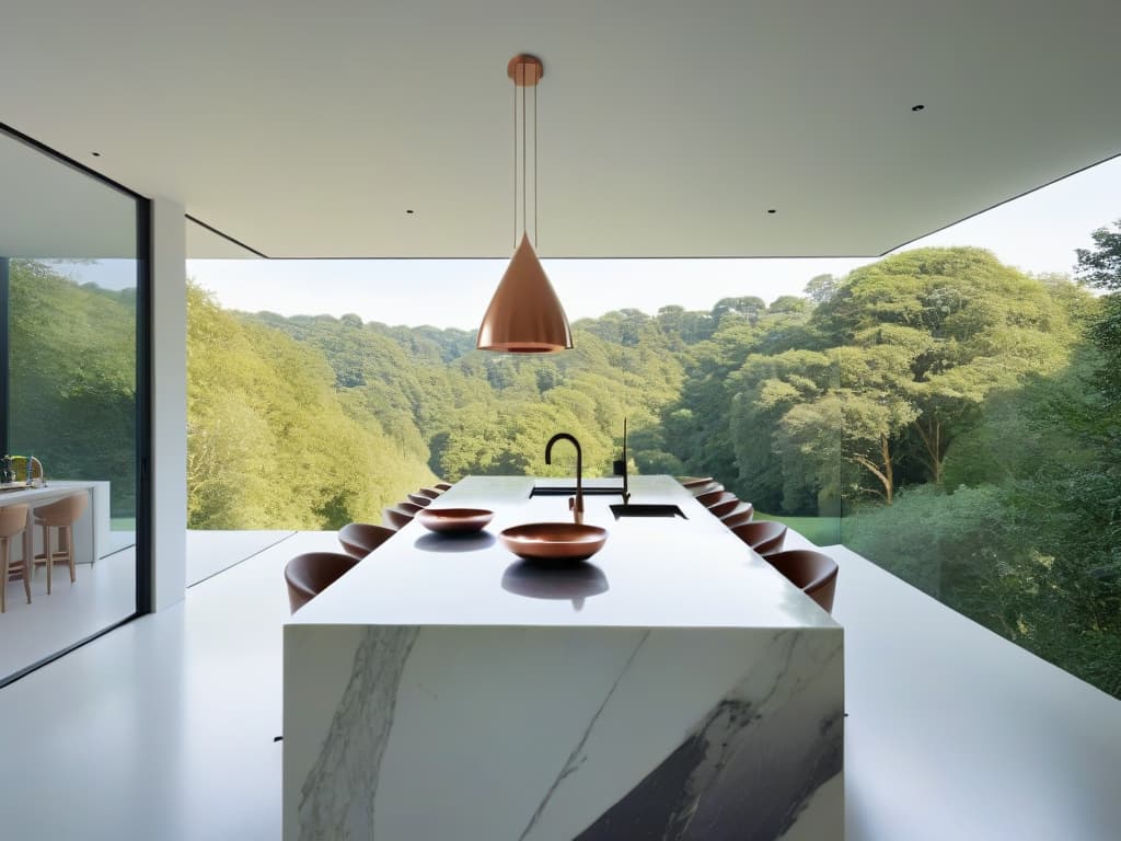  A highresolution, ultradetailed image of a serene kitchen retreat set in a lush forest clearing, featuring a sleek, minimalist design with a large marble island, copper cookware hanging above, and an abundance of natural light streaming in through floortoceiling windows. The space exudes a sense of tranquility and inspiration, inviting viewers to imagine themselves exploring their culinary passions in this idyllic setting. hyperrealistic, full body, detailed clothing, highly detailed, cinematic lighting, stunningly beautiful, intricate, sharp focus, f/1. 8, 85mm, (centered image composition), (professionally color graded), ((bright soft diffused light)), volumetric fog, trending on instagram, trending on tumblr, HDR 4K, 8K