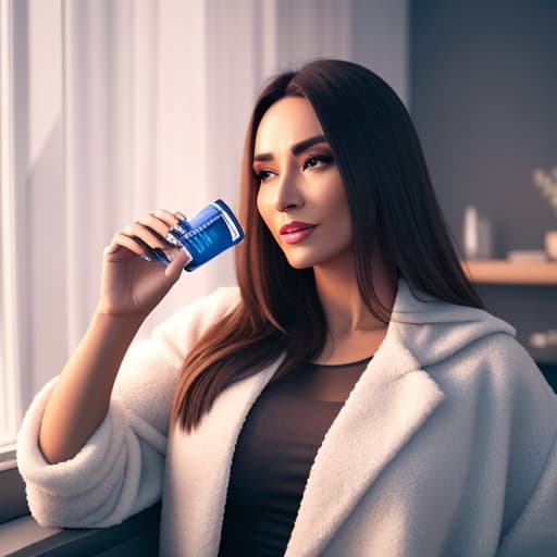  ( woman taking a health supplement before the start of a rough day ), photorealistic, highly detailed, 4k, high quality hyperrealistic, full body, detailed clothing, highly detailed, cinematic lighting, stunningly beautiful, intricate, sharp focus, f/1. 8, 85mm, (centered image composition), (professionally color graded), ((bright soft diffused light)), volumetric fog, trending on instagram, trending on tumblr, HDR 4K, 8K