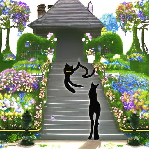  Black cat is standing on a staircase in a garden with flowers and a house