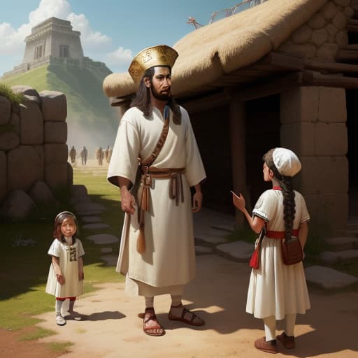  JESUS ​​CHRIST IN A WHITE TUNIC NEXT TO LITTLE GIRLS FROM PRE-COLOMBIAN AMERICA IN AZTEC AND NATIVE AMERICAN CLOTHES, IN THE BOOK OF MORMON, REALISTIC IMAGE , masterpieces, top quality, best quality, official art, beautiful and aesthetic, realistic, 4K, 8K