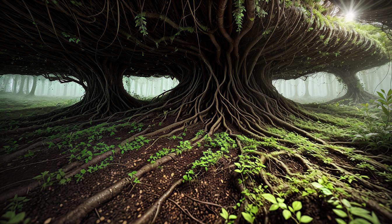  digital illustration, Plant roots intertwining underground, symbolizing hidden connections that nourish above, natural network, growth, potential., looking at viewer, dynamic pose, (intricate details, masterpiece, best quality)