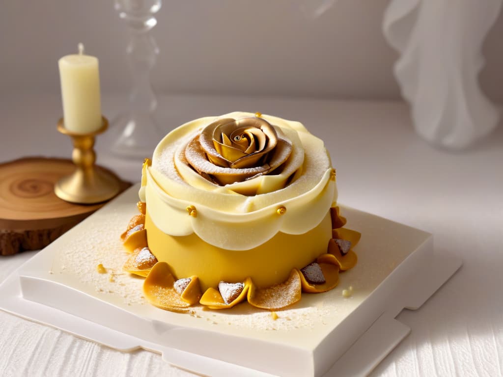  An ultradetailed 8k image of a delicate, minimalistic dessert plate inspired by Disney's "Beauty and the Beast". The dessert features a golden rose made of spun sugar as the centerpiece, surrounded by intricate mini pastries shaped like enchanted objects from the movie, such as Lumiere, Cogsworth, and Mrs. Potts. The background is a soft pastel color to enhance the elegant and magical feel of the dessert presentation. hyperrealistic, full body, detailed clothing, highly detailed, cinematic lighting, stunningly beautiful, intricate, sharp focus, f/1. 8, 85mm, (centered image composition), (professionally color graded), ((bright soft diffused light)), volumetric fog, trending on instagram, trending on tumblr, HDR 4K, 8K