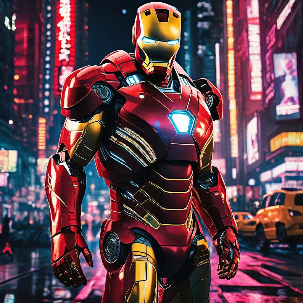  masterpiece, best quality, Best quality, masterpiece, 8k resolution, realistic, highly detailed, close up of Iron Man. In a cyberpunk-style night scene of the city, he stands on a street lined with tall buildings. The city's night lights are bright, The surrounding buildings and streets are filled with cyberpunk elements such as neon lights, high-tech devices, and futuristic architectural designs.