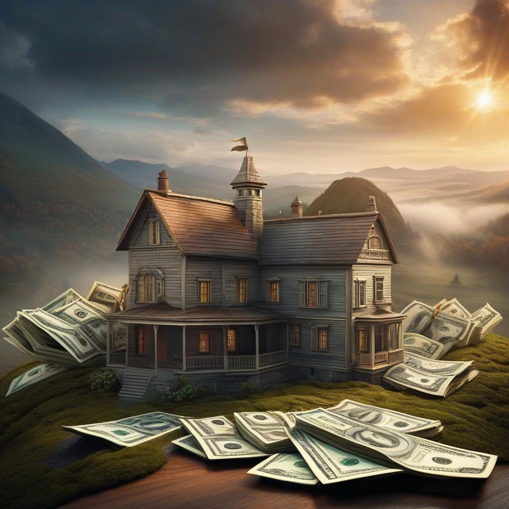  Vector graphics: the house stands on money. hyperrealistic, full body, detailed clothing, highly detailed, cinematic lighting, stunningly beautiful, intricate, sharp focus, f/1. 8, 85mm, (centered image composition), (professionally color graded), ((bright soft diffused light)), volumetric fog, trending on instagram, trending on tumblr, HDR 4K, 8K