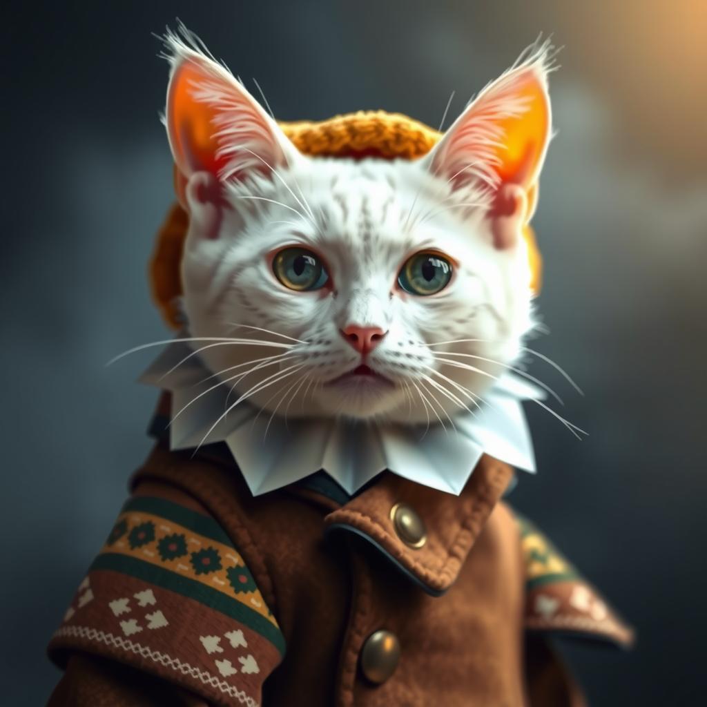  a white cat with hat hyperrealistic, full body, detailed clothing, highly detailed, cinematic lighting, stunningly beautiful, intricate, sharp focus, f/1. 8, 85mm, (centered image composition), (professionally color graded), ((bright soft diffused light)), volumetric fog, trending on instagram, trending on tumblr, HDR 4K, 8K