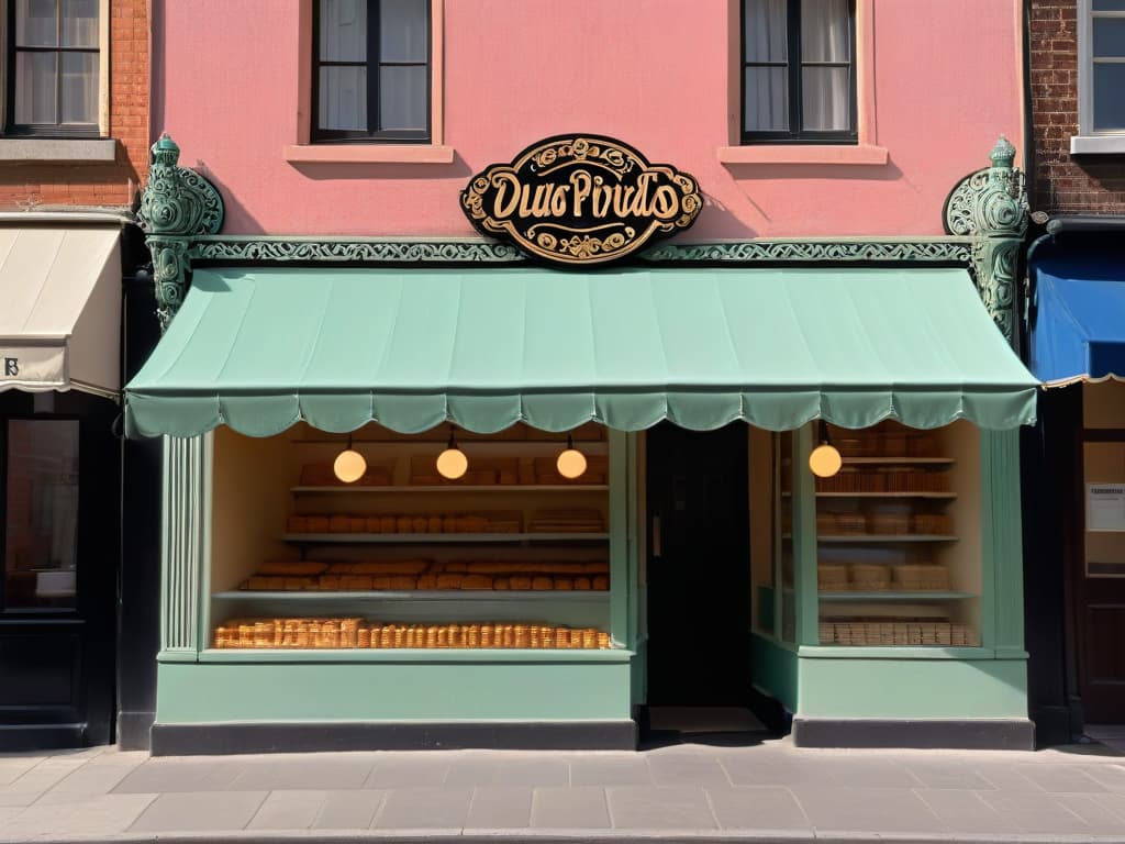  A minimalist, ultradetailed image of a vintage 1920s bakery storefront, showcasing intricate Art Deco architecture with pastelcolored awnings, ornate signage in elegant cursive fonts advertising "Dulces Prohibidos" (Forbidden Sweets) and "Postres Secretos" (Secret Desserts), surrounded by flickering gas lamps and a subtle silhouette of a clandestine speakeasy entrance hidden behind a shimmering beaded curtain. The scene captures the essence of indulgence and secrecy during the Prohibition era, with a nostalgic yet modern twist. hyperrealistic, full body, detailed clothing, highly detailed, cinematic lighting, stunningly beautiful, intricate, sharp focus, f/1. 8, 85mm, (centered image composition), (professionally color graded), ((bright soft diffused light)), volumetric fog, trending on instagram, trending on tumblr, HDR 4K, 8K