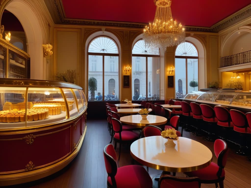  An ultradetailed image of a luxurious, elegant European cafe interior, featuring ornate chandeliers, plush velvet seating, intricate marble tables, and a display of decadent, emblematic desserts like tiramisu, macarons, and opera cake. The ambiance exudes a sense of timeless charm and sophistication, inviting readers to immerse themselves in the rich history and sweet traditions of Europe's iconic cafes. hyperrealistic, full body, detailed clothing, highly detailed, cinematic lighting, stunningly beautiful, intricate, sharp focus, f/1. 8, 85mm, (centered image composition), (professionally color graded), ((bright soft diffused light)), volumetric fog, trending on instagram, trending on tumblr, HDR 4K, 8K