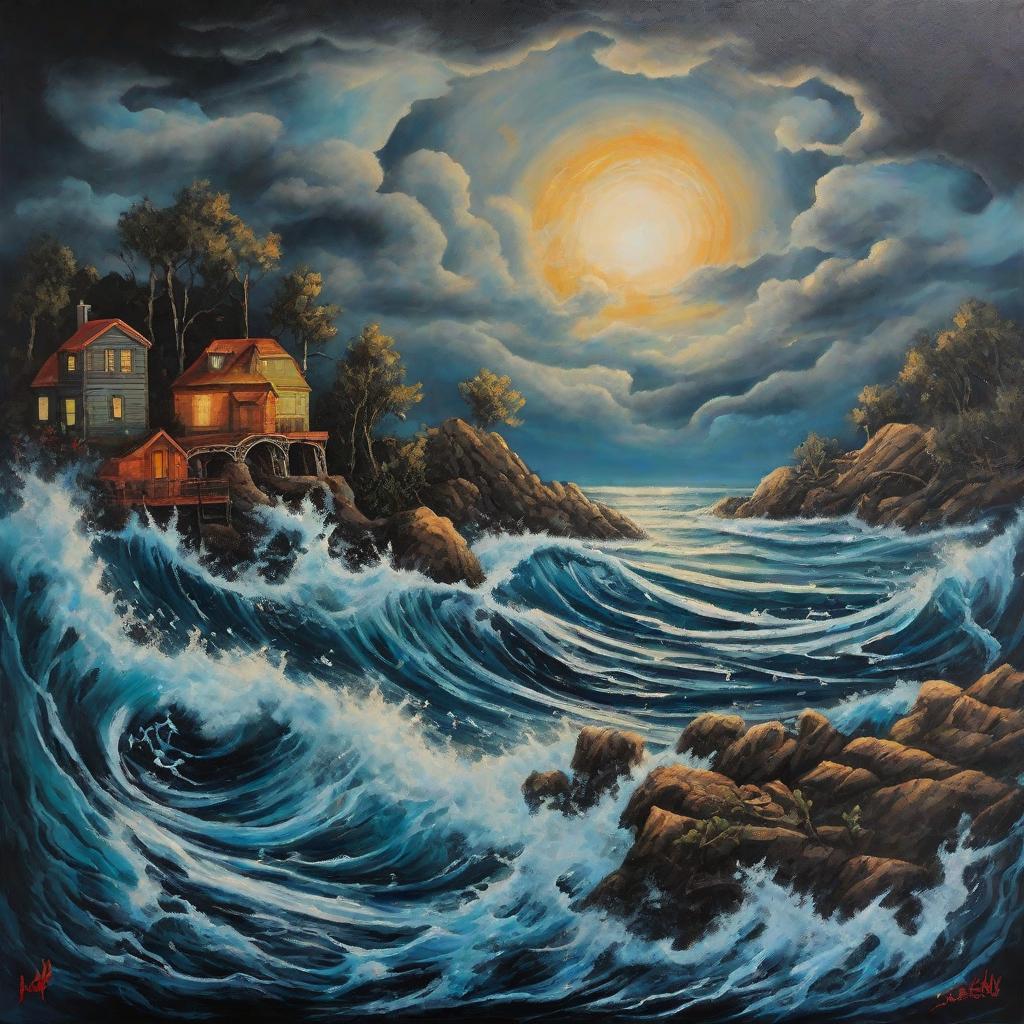  masterpiece, best quality, An ethereal painting depicting a mystical scene where tattooed music notes float gracefully in the air above a turbulent ocean. The dark, stormy clouds in the background create a dramatic atmosphere, contrasting with the hints of blue, black, and grey that permeate the canvas. The setting sun casts a soft, diffused light on the scene, adding a touch of warmth to the otherwise moody environment. This prompt evokes a sense of mystery and emotion, combining the elements of music and tattoos in a dreamlike and captivating style. (Painting) (Soft, diffused lighting) (Created using acrylic paints on canvas)