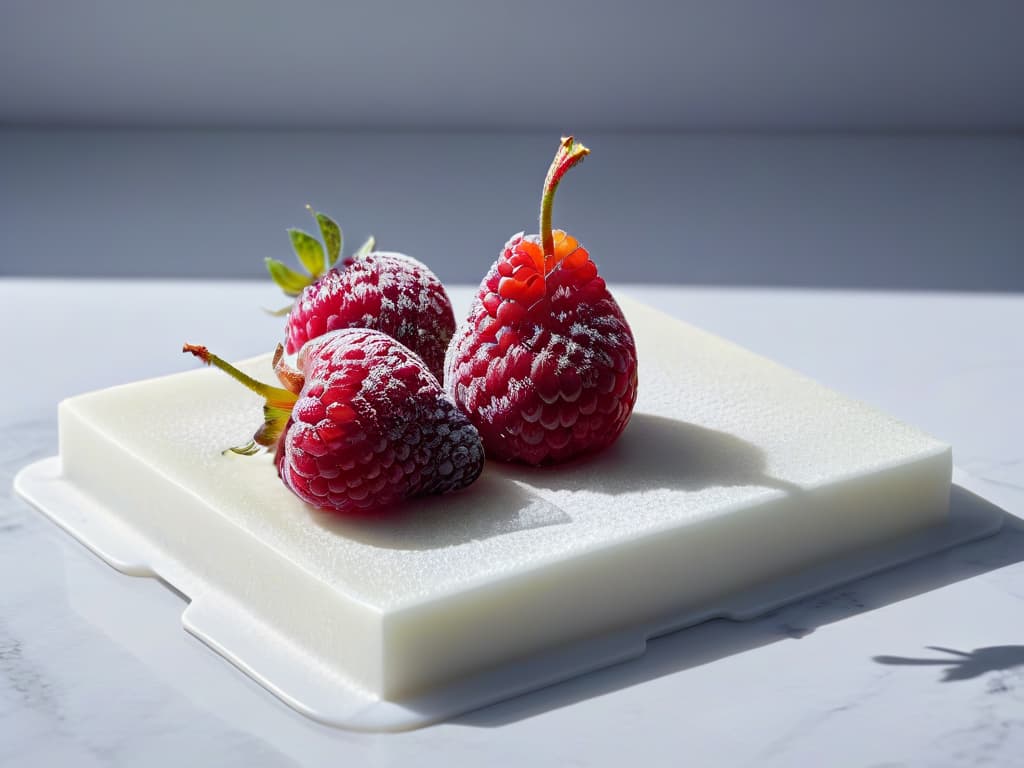  A highresolution image of a single, perfectly ripe raspberry sitting on a clean, white marble surface. The raspberry is glistening with dew, showcasing its vibrant red color and intricate textured surface. The lighting is soft, casting a slight shadow beneath the fruit, emphasizing its natural beauty and inviting the viewer to appreciate the simplicity and elegance of this minimalistic dessert ingredient. hyperrealistic, full body, detailed clothing, highly detailed, cinematic lighting, stunningly beautiful, intricate, sharp focus, f/1. 8, 85mm, (centered image composition), (professionally color graded), ((bright soft diffused light)), volumetric fog, trending on instagram, trending on tumblr, HDR 4K, 8K