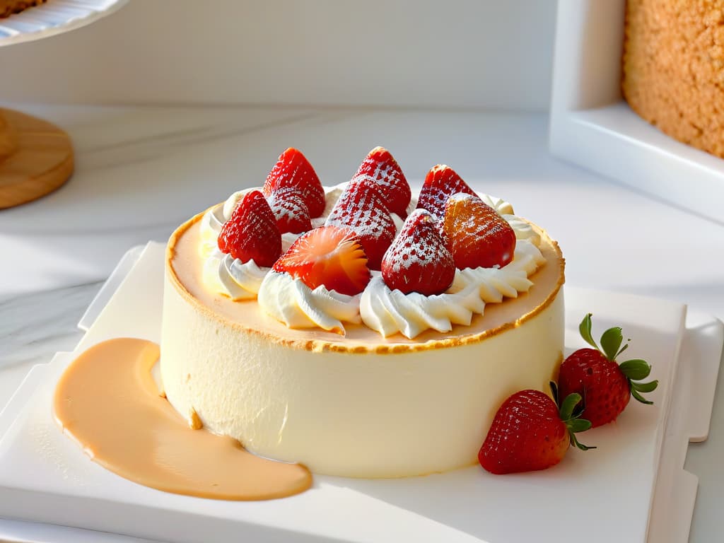  An ultradetailed, minimalist image of a classic New York cheesecake sitting on a marble countertop, adorned with a dollop of whipped cream and a fresh strawberry on top. The cheesecake is perfectly sliced, showcasing its creamy texture and graham cracker crust. The lighting is soft, casting gentle shadows that highlight the dessert's delicious details, inviting the viewer to savor every bite. hyperrealistic, full body, detailed clothing, highly detailed, cinematic lighting, stunningly beautiful, intricate, sharp focus, f/1. 8, 85mm, (centered image composition), (professionally color graded), ((bright soft diffused light)), volumetric fog, trending on instagram, trending on tumblr, HDR 4K, 8K