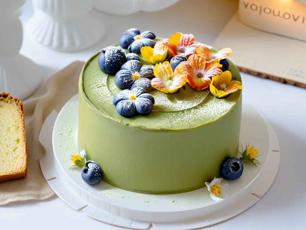  A highresolution image of a beautifully crafted vegan matcha green tea cake, topped with delicate edible flowers and surrounded by fresh berries on a sleek, white ceramic plate. The cake is intricately decorated with swirls of dairyfree cream and dusted with powdered sugar, showcasing the artistry and innovation in vegan baking. The vibrant colors and meticulous details of the dessert exude elegance and sophistication, appealing to the reader's senses and sparking curiosity about the world of innovative vegan pastries. hyperrealistic, full body, detailed clothing, highly detailed, cinematic lighting, stunningly beautiful, intricate, sharp focus, f/1. 8, 85mm, (centered image composition), (professionally color graded), ((bright soft diffused light)), volumetric fog, trending on instagram, trending on tumblr, HDR 4K, 8K