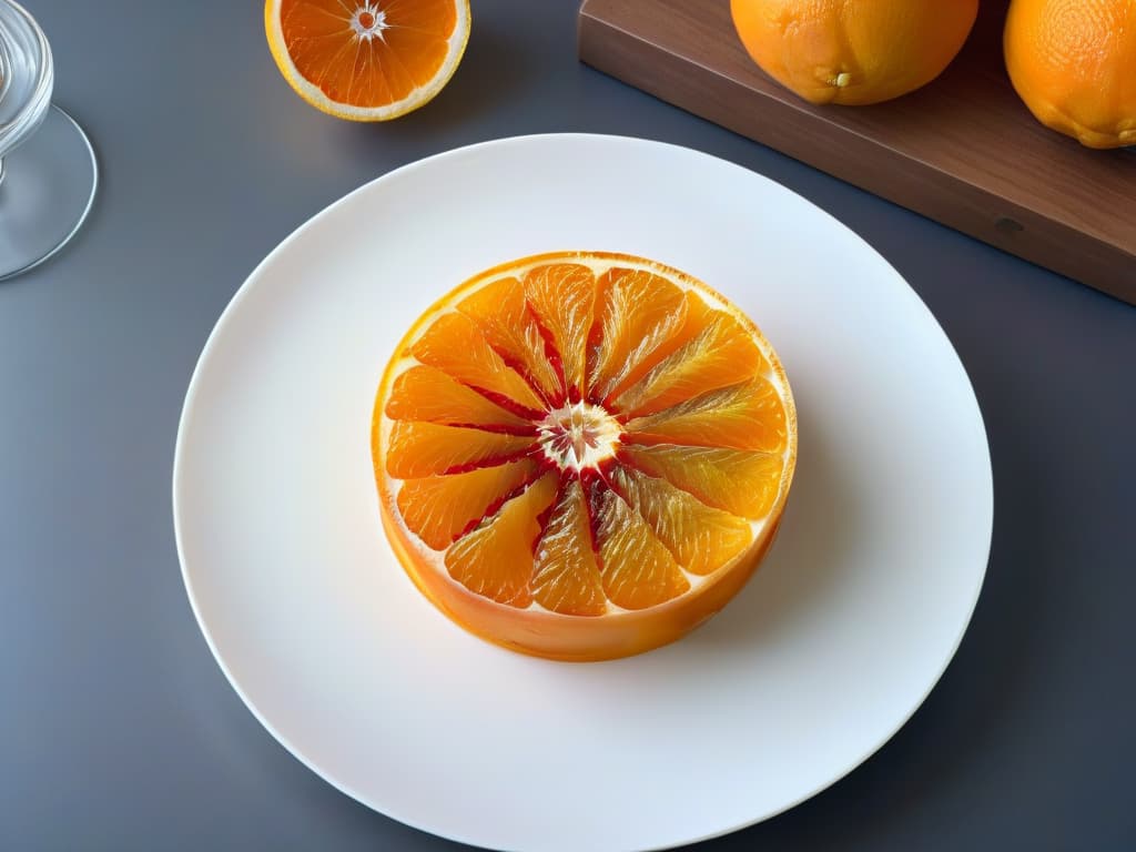  An ultradetailed closeup image of a vibrant, delicately sliced dehydrated orange wheel resting on a sleek, modern white plate. The orange slice is beautifully translucent, showcasing intricate patterns and textures, with the plate's surface reflecting the light to enhance the visual appeal. The minimalist composition emphasizes the natural beauty and texture of the dehydrated fruit, evoking a sense of sophistication and innovation in pastry design. hyperrealistic, full body, detailed clothing, highly detailed, cinematic lighting, stunningly beautiful, intricate, sharp focus, f/1. 8, 85mm, (centered image composition), (professionally color graded), ((bright soft diffused light)), volumetric fog, trending on instagram, trending on tumblr, HDR 4K, 8K