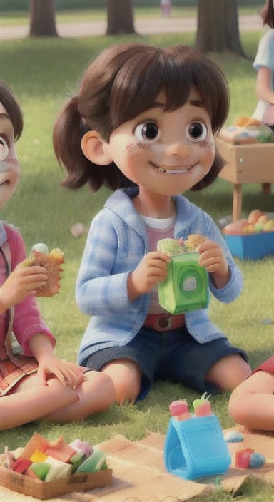  {Kids sitting around a picnic blanket, enjoying juice boxes and snacks., Children happily eating snacks, with crumbs on their faces and big smiles.