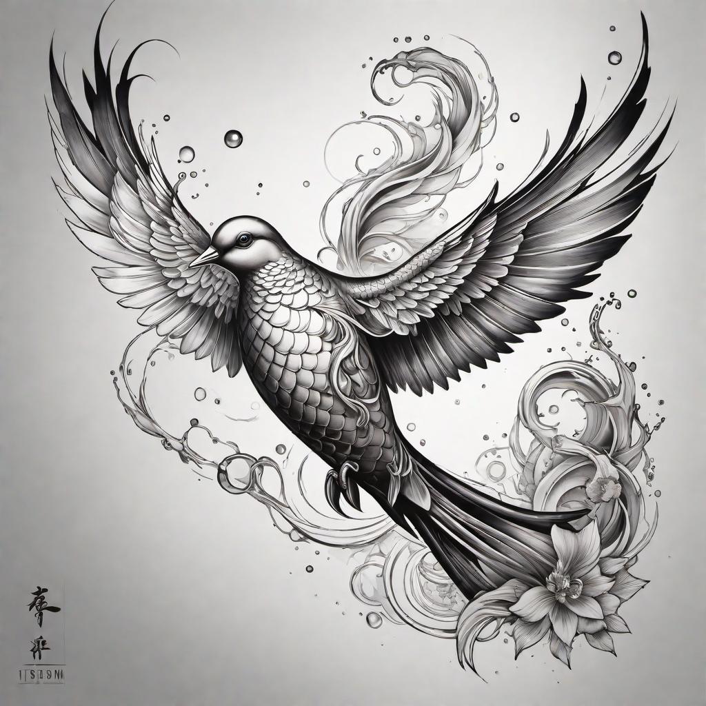  Mother Son and Holy Spirit tattoo integrated with koi fish elements. The design should merge Christian symbolism with traditional Japanese aesthetics. The Holy Spirit is represented by a dove, and the Mother and Son are abstractly symbolized. The koi fish are swimming gracefully around the symbols, adding an element of balance and harmony. The tattoo should be designed in a way that's suitable for inking, with clear details and flowing lines. hyperrealistic, full body, detailed clothing, highly detailed, cinematic lighting, stunningly beautiful, intricate, sharp focus, f/1. 8, 85mm, (centered image composition), (professionally color graded), ((bright soft diffused light)), volumetric fog, trending on instagram, trending on tumblr, HDR 4K, 8K