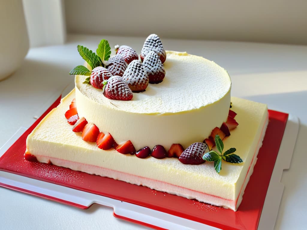  An ultradetailed closeup image of a decadent New Yorkstyle cheesecake topped with a generous layer of strawberry compote, fresh sliced strawberries, and a dusting of powdered sugar. The cheesecake sits on a sleek white marble serving platter, with a scattering of mint leaves for garnish. The focus is on the rich, creamy texture of the cheesecake and the vibrant red of the strawberries, creating a mouthwatering visual feast. hyperrealistic, full body, detailed clothing, highly detailed, cinematic lighting, stunningly beautiful, intricate, sharp focus, f/1. 8, 85mm, (centered image composition), (professionally color graded), ((bright soft diffused light)), volumetric fog, trending on instagram, trending on tumblr, HDR 4K, 8K