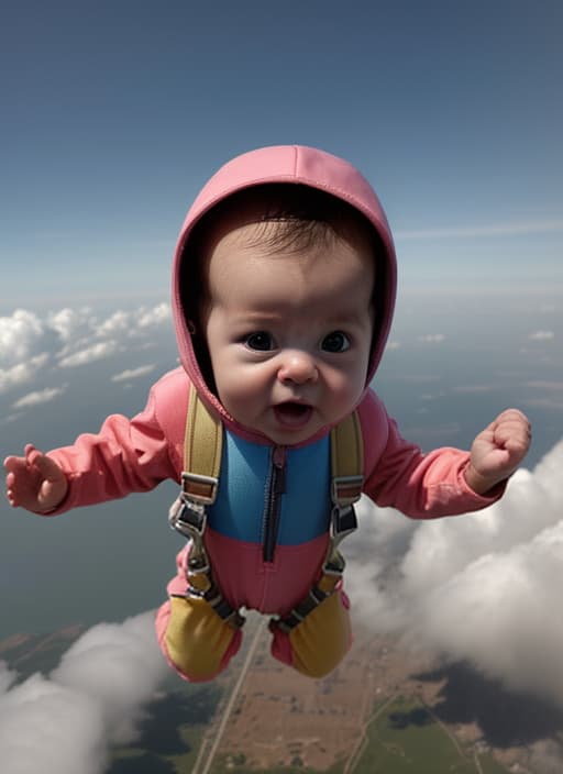  A tiny infant, swaddled in a brightly colored jumpsuit and secured in a specialized carrier, is lifted high into the sky by a team of experienced skydivers. As they soar through the clouds, the baby's eyes widen in wonder at the breathtaking views below, the wind rushing past their delicate features. The scene is both heartwarming and awe inspiring, a testament to the bravery and love of the parents who dared to take their little one on this unforgettable adventure.