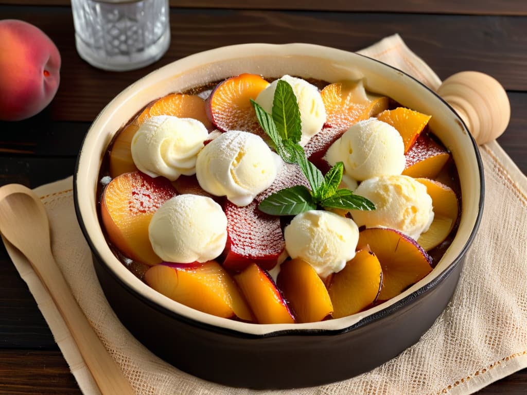  A closeup, ultradetailed image of a freshly baked peach cobbler in a rustic ceramic dish, with goldenbrown crust glistening under a warm light, showcasing the juicy peach slices peeking through the lattice crust, topped with a scoop of melting vanilla ice cream, garnished with a sprig of fresh mint, all set on a vintage wooden table with a linen napkin and scattered peach pits around. hyperrealistic, full body, detailed clothing, highly detailed, cinematic lighting, stunningly beautiful, intricate, sharp focus, f/1. 8, 85mm, (centered image composition), (professionally color graded), ((bright soft diffused light)), volumetric fog, trending on instagram, trending on tumblr, HDR 4K, 8K