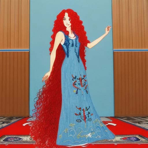  A with long curly red hair in a floor-length blue dress with a firebird embroidered on her 