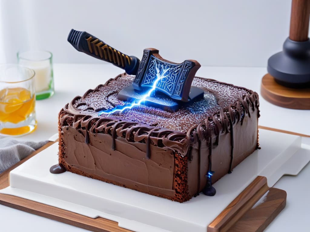  An ultradetailed, photorealistic image of a decadent chocolate cake designed to look like Thor's hammer, Mjolnir, complete with intricate edible details such as lightning bolts and Nordic symbols. The cake stands on a sleek, modern kitchen countertop with sleek marble backsplash, surrounded by highquality baking tools and ingredients. The lighting is soft but highlights the shiny glaze of the cake, emphasizing its intricate design and tempting appearance. hyperrealistic, full body, detailed clothing, highly detailed, cinematic lighting, stunningly beautiful, intricate, sharp focus, f/1. 8, 85mm, (centered image composition), (professionally color graded), ((bright soft diffused light)), volumetric fog, trending on instagram, trending on tumblr, HDR 4K, 8K