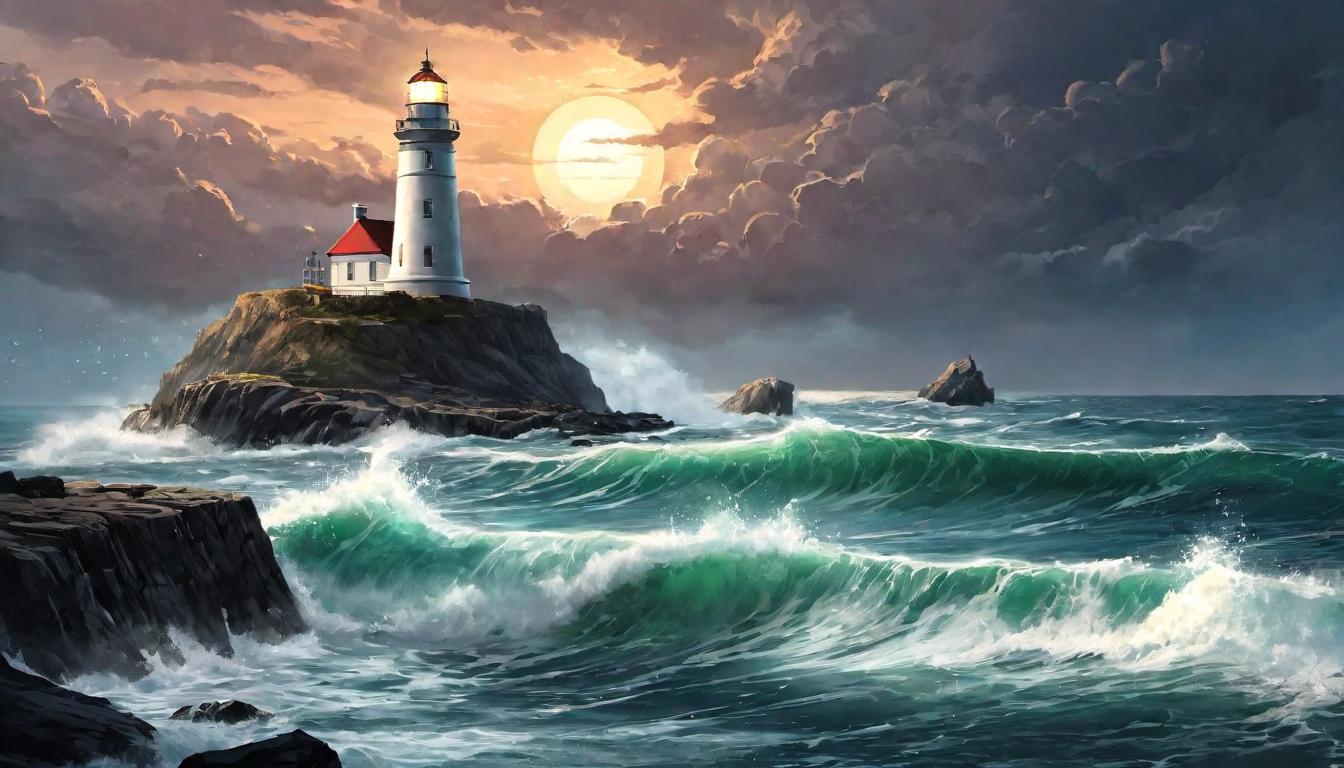  digital illustration A lighthouse standing firm on a rocky shore, its light shining across tumultuous seas, symbol of empowerment, beacon of hope, guiding light through dark times, steadfast and enduring, light illuminates path, safety in guidance, watchful protector looking at viewer, dynamic pose, (intricate details, masterpiece, best quality)