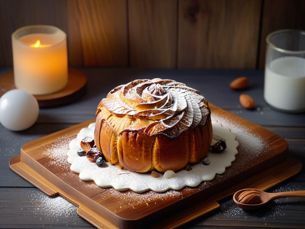  A highresolution, minimalist image of a freshly baked Kouglof sitting on a rustic wooden table, adorned with a sprinkle of powdered sugar and surrounded by a few scattered almonds and raisins. The goldenbrown crust glistens under a soft, natural light, highlighting the intricate details of the traditional Alsatian pastry. The background is blurred to emphasize the delicious centerpiece, inviting the viewer to indulge in the rich history and flavors of this iconic treat. hyperrealistic, full body, detailed clothing, highly detailed, cinematic lighting, stunningly beautiful, intricate, sharp focus, f/1. 8, 85mm, (centered image composition), (professionally color graded), ((bright soft diffused light)), volumetric fog, trending on instagram, trending on tumblr, HDR 4K, 8K