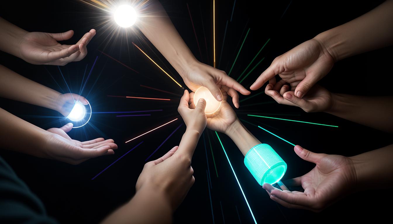  cinematic, aesthetic, Connected hands forming a circle around a light source, hands firmly together, the light glows brightly, unity over individuality, 4k, HDR, lens flare