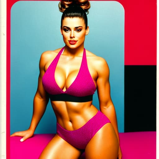  A pretty 1990's apartment wrestler who kind of looks like Carmen Electra. Sweaty. Studio glamor photoshoot. Retro print. This is a trading card with a cute heart theme. Supermodel posing.