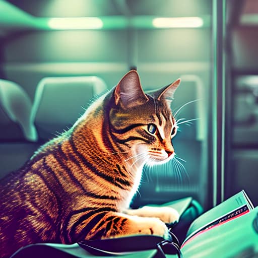 nvinkpunk Realistic image of a cat wearing headphones and reading glasses while riding a bus. hyperrealistic, full body, detailed clothing, highly detailed, cinematic lighting, stunningly beautiful, intricate, sharp focus, f/1. 8, 85mm, (centered image composition), (professionally color graded), ((bright soft diffused light)), volumetric fog, trending on instagram, trending on tumblr, HDR 4K, 8K