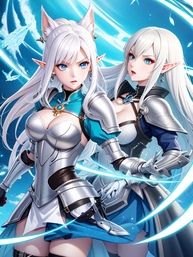  , , , , anime artwork, anime style, key visual, vibrant, studio anime, highly detailed, female elf, stark white hair, light blue eyes, athletic build, pale skin, medieval studded leather armor, leather gloves, leather shoulder pads, heavy eyeliner, earrings, necklace, dramatic lighting, high contrast, saturated color, angry,