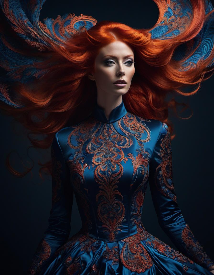  psychedelic style A striking digital artwork of a woman with voluminous red hair in an ornate blue dress, posing elegantly against a dark background. . vibrant colors, swirling patterns, abstract forms, surreal, trippy hyperrealistic, full body, detailed clothing, highly detailed, cinematic lighting, stunningly beautiful, intricate, sharp focus, f/1. 8, 85mm, (centered image composition), (professionally color graded), ((bright soft diffused light)), volumetric fog, trending on instagram, trending on tumblr, HDR 4K, 8K